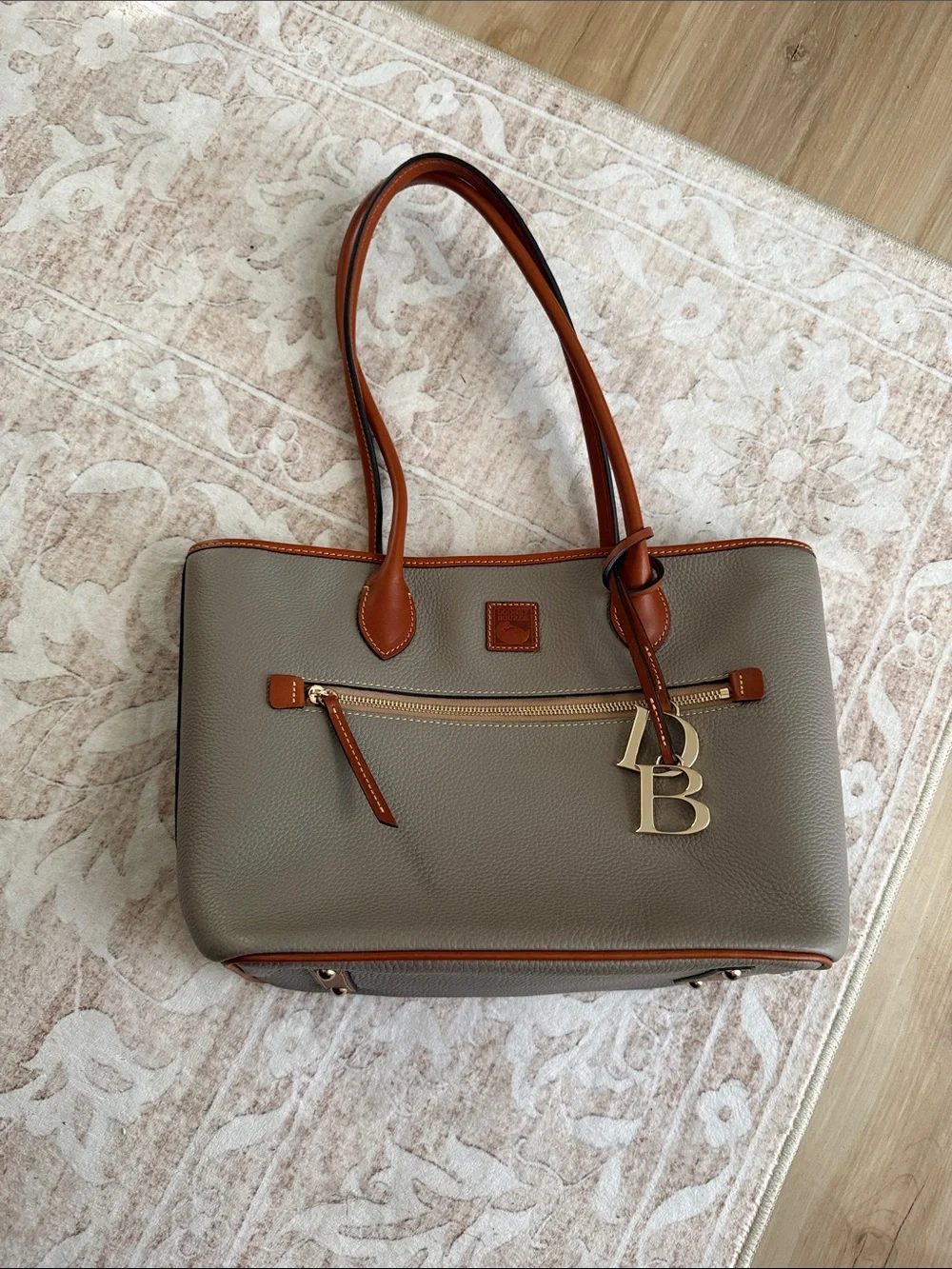 Taupe and Brown Leather-Trim Tote Bag with Gold Hardware